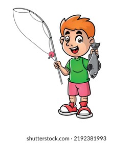 cute boy fisherman catching fish with a rod.vector illustration