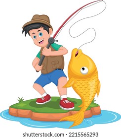 Cute Boy Fishing Cartoon On White Background