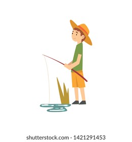Cute Boy Fishing, Little Fisherman Cartoon Character in Hat Vector Illustration