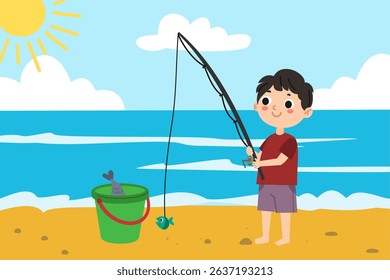 Cute boy fishing on the beach, summer beach kids vector illustration
