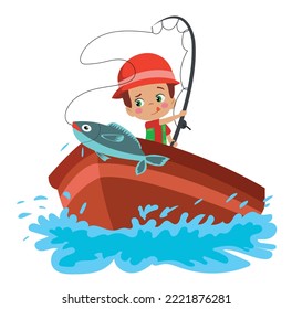 cute boy fishing on boat