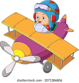 The cute boy is flight the plane of illustration