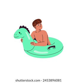 Cute boy floating on inflatable circle. Funny kid playing in water with lifebuoy. Child on inner tube in swimming pool in summer. Beach activity. Flat isolated vector illustration on white background