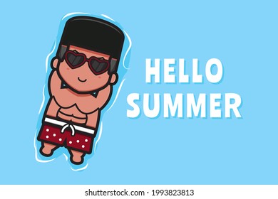 Cute boy floating relaxes with a summer greeting banner cartoon vector icon illustration. Design isolated on blue. Flat cartoon style.