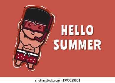 Cute boy floating relaxes with a summer greeting banner cartoon vector icon illustration. Design isolated on orange red. Flat cartoon style