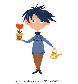 Cute boy with a flower in a pot in the form of a heart. Postcard for Valentine's Day, social media design, web, valentine.