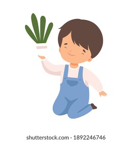 Niño lindo con maceta de flores, niño que ayuda a salvar el mundo, naturaleza y protección ecológica ilustración vectorial de estilo de dibujos animados