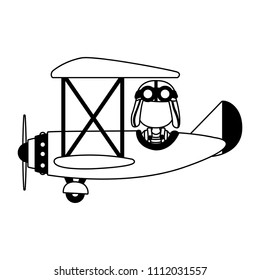 Cute boy flying in airplane in black and white