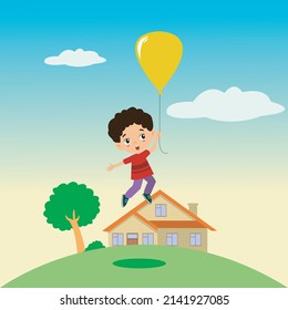 cute boy flying with flying balloon