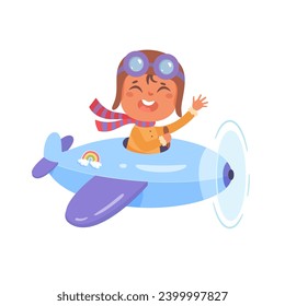 Cute boy flying in blue plane. Cartoon male young pilot in glasses vector illustration. Travel with friends. Funny air adventure in aircraft. Outside leisure time. Aviation school.