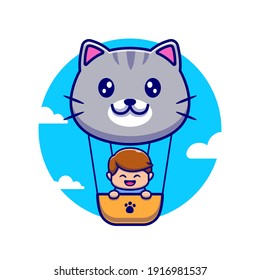 Cute Boy Flying With Cute Cat Air Balloon Cartoon Vector Icon Illustration. People Animal Icon Concept Isolated Premium Vector. Flat Cartoon Style