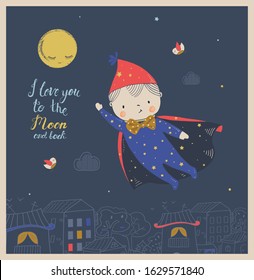 Cute Boy flying to the moon.cartoon hand drawn vector illustration. Can be used for baby t-shirt print, fashion print design, kids wear, baby shower celebration greeting and invitation card.