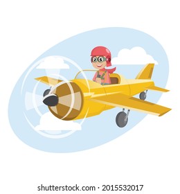 Cute boy is flying on the airplane. Vector graphic illustration. Individually on a white background.