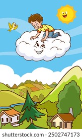 cute boy flying on cloud watching the earth