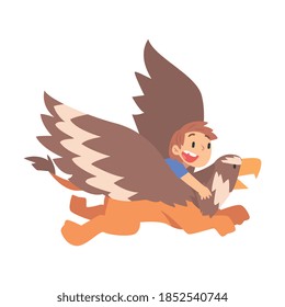 Cute Boy Flying on Griffin, Kids Imagination Concept, Fairy Tales, Stories, Discoveries Cartoon Style Vector Illustration