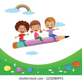 cute boy flying on pencil