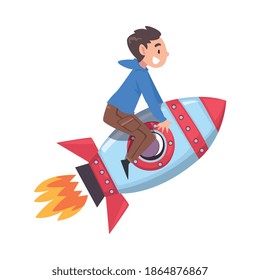 Niño pequeño volando sobre cohete espacial, logros exitosos de ilustración de vectores de dibujos animados infantiles