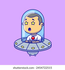 Cute Boy Flying Ufo Spaceship Cartoon Vector Icons Illustration. Flat Cartoon Concept. Suitable for any creative project.