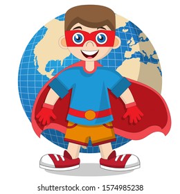 A cute boy in the form of a superman. Isolated on white background. Vector illustration.