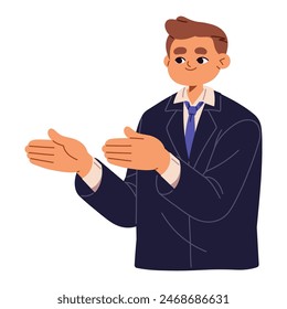 Cute boy in formal suit with tie gesturing, indicates direction of movement. Happy teenager shows path, way to goal, pointing to side with hands. Flat isolated vector illustration on white background