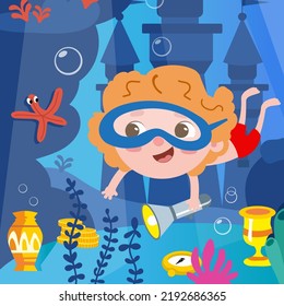 Cute boy found treasures underwater. Seascape, scene in cartoon style. Nature and ocean algae. Castle and sea creatures. Vector illustration, full color.