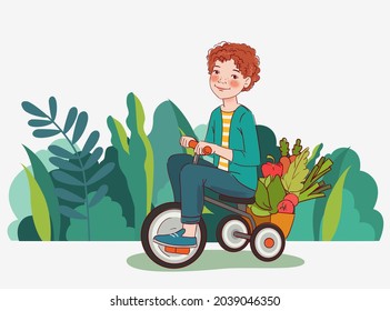 Cute boy with fresh vegetables rides on bicycle in the garden. Summer time