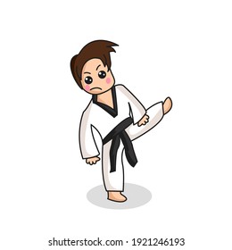 Cute Boy Front kick Taekwondo karate. Good for karate, taekwondo content. Flat Cartoon Flat design isolated on white