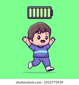 Cute Boy Full Energy Cartoon Vector Icon Illustration. People Holiday Icon Concept Isolated Premium Vector. Flat Cartoon Style