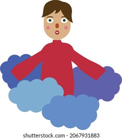 A cute boy in funny red sweater  flies in the clouds