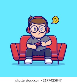Cute Boy Game On Sofa With Headphone Cartoon Vector Icon Illustration. People Technology Icon Concept Isolated Premium Vector. Flat Cartoon Style