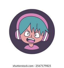 Cute Boy Gamer Anime Cartoon Character Wearing Headset with Shouting Expression