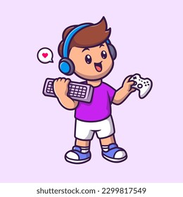 Cute Boy Gamer Cartoon Vector Icon Illustration. People Technology Icon Concept Isolated Premium Vector. Flat Cartoon Style