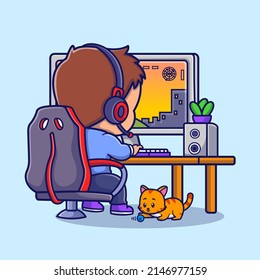 Cute Boy Gamer Playing Game On Computer Cartoon Vector Icon Illustration. People Technology Icon Concept Isolated Premium Vector. Flat Cartoon Style