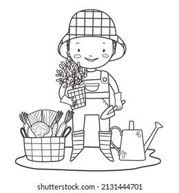 Cute boy gardener with plants, watering can and garden supplies. Coloring page for coloring book. Black and white outline vector illustration.