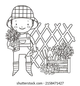 Cute boy gardener with plants, watering can and garden supplies. Coloring page for coloring book. Black and white outline vector illustration.