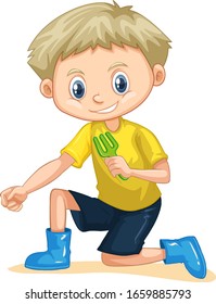 Cute boy with gardening fork on white background illustration