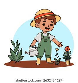 Cute boy Gardening with garden watering can. Kid farmer character planting plants. Hand Color doodle drawing. Vector illustration