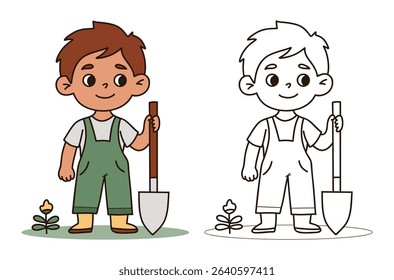 Cute boy Gardening in overalls with Shovel. Male Kid farmer character set. Isolated Color and Outline linear hand drawing. Vector illustration