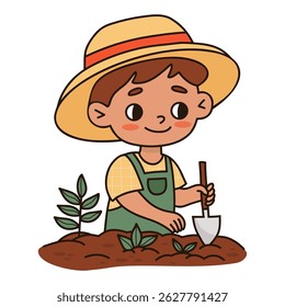 Menino bonito Jardinagem com Pá. Garoto de chapéu com ferramenta cavar em jardim e plantar plantas. Desenho de cor da mão rabiscar. Ilustração vetorial