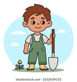 Cute boy Gardening with Shovel. Kid farmer character in overalls and rubber boots in clearing with flower. Hand Color doodle drawing. Vector illustration