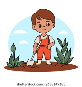 Cute boy Gardening with Shovel. Kid farmer character with tool digging in garden and planting plants. Hand Color doodle drawing. Vector illustration