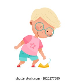 Cute Boy Gathering Trash from the Ground Vector Illustration