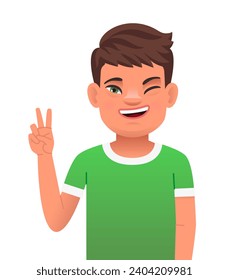 Cute boy with the genetic disease Down Syndrome shows a gesture of peace and victory with his hand. Confident, cheerful white guy. The sunny child. Vector illustration in cartoon style.