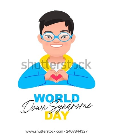 Cute boy with the genetic disease Down Syndrome stands with his palms folded in the shape of a heart. World Down Syndrome Day. Sunny child. Vector illustration on a white background.