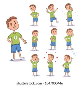 Gestos de chicos y emociones. El niño está enojado, feliz, llorando, triste, discutiendo, pensando, preguntándose, enamorado, dando tormentas de ideas. Ilustración de carácter vectorial del conjunto de diferentes tipos de comportamiento de los estados de ánimo