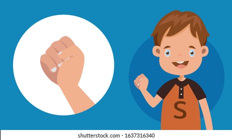Cute boy Gestures, language English alphabet,S, sign language of deaf-mutes hand. American Sign Language ASL.