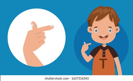Cute boy Gestures, language English alphabet,T, sign language of deaf-mutes hand. American Sign Language ASL.