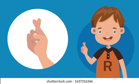 Cute boy Gestures, language English alphabet,R, sign language of deaf-mutes hand. American Sign Language ASL.