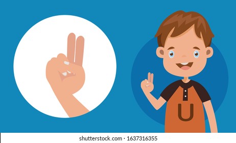 Cute boy Gestures, language English alphabet,U, sign language of deaf-mutes hand. American Sign Language ASL.