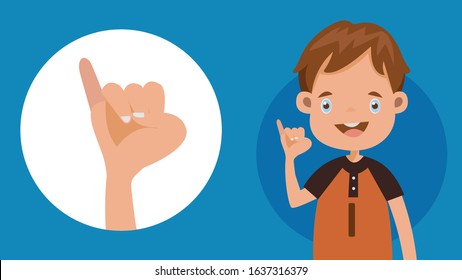 Cute boy Gestures, language English alphabet ,I, sign language of deaf-mutes hand. American Sign Language ASL.